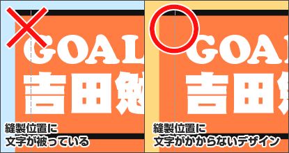 ×：縫製位置に文字が被っている／○：縫製位置に文字がかからないデザイン